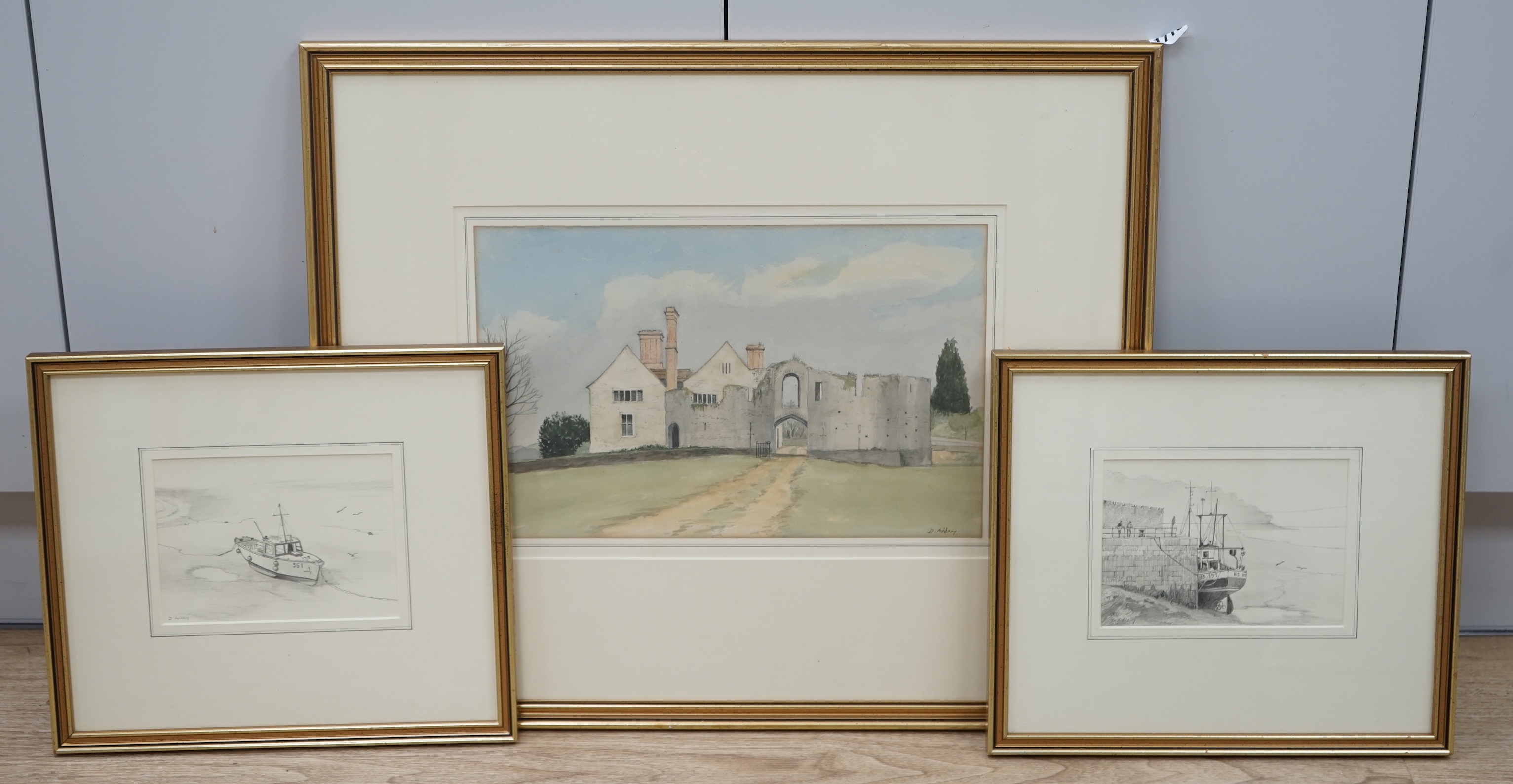 David Addey (b.1933), watercolour, View of a house, signed, together with a pair of pencil studies, Coastal views with fishing boats, largest 23 x 36cm. Condition - fair, some staining to the watercolour